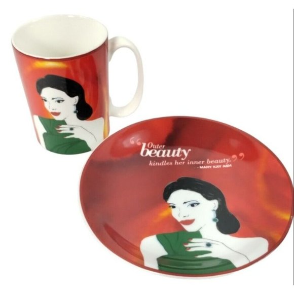 Mary Kay Ash Inner Beauty Quote Red Porcelain Ceramic Coffee Mug and Plate Set - Picture 1 of 8